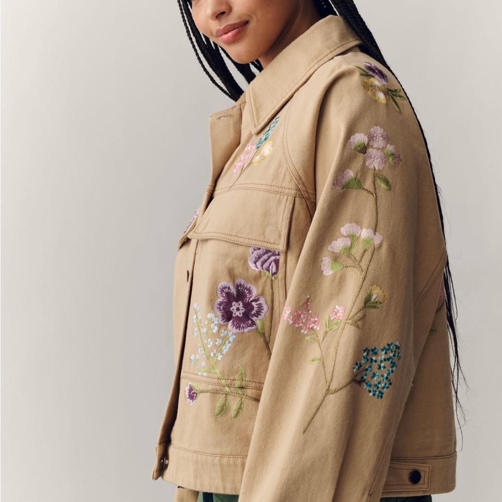Anthropologie Beige Jean Jacket with Floral Details - Picture 6 of 12